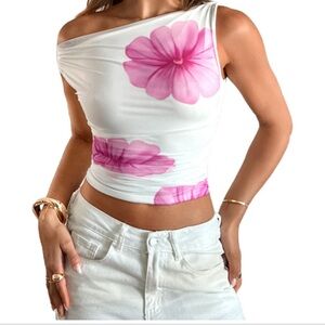 Pink Floral Asymmetrical Sleeveless Crop Top